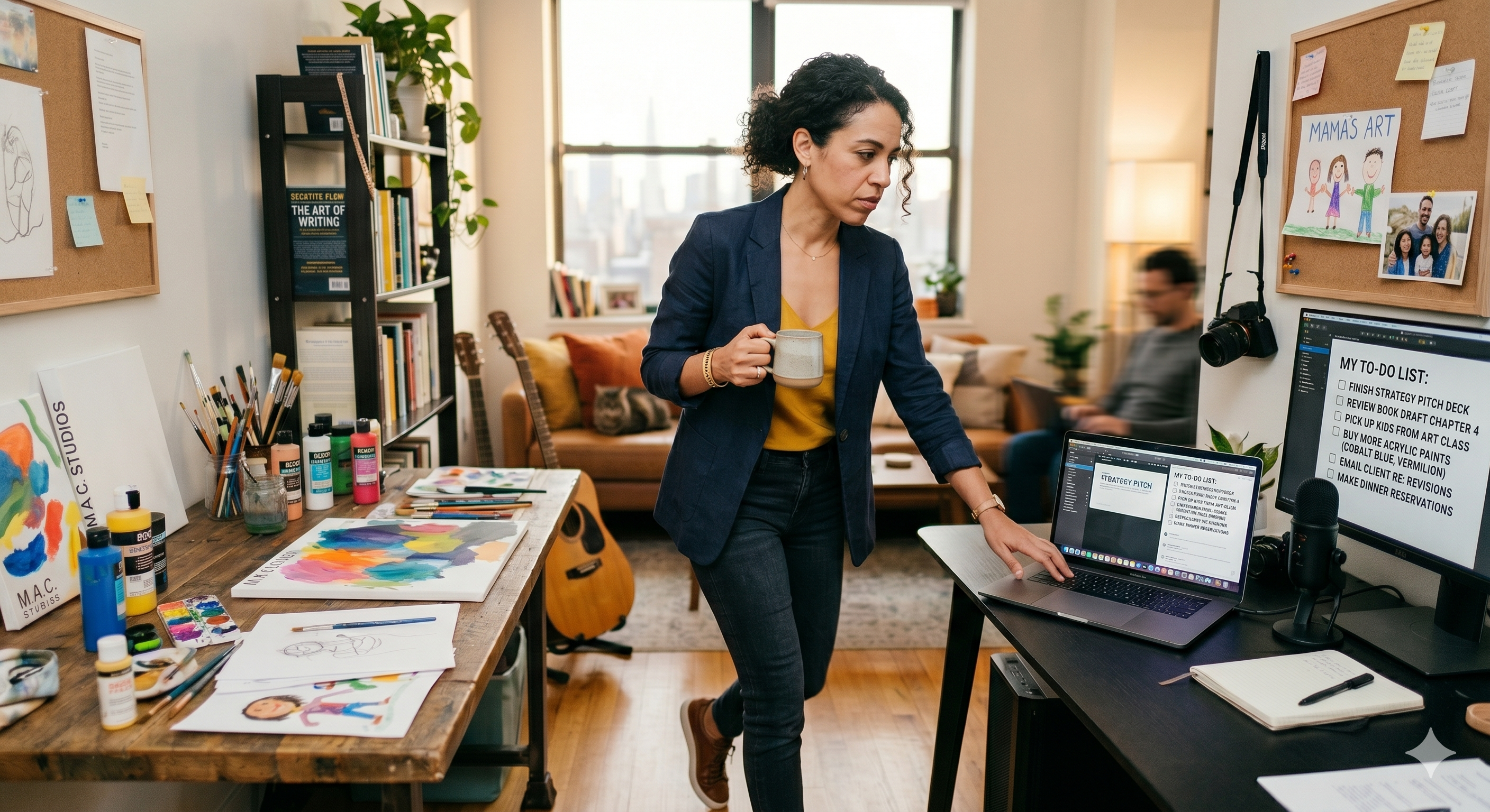 A woman managing multiple roles in a creative workspace