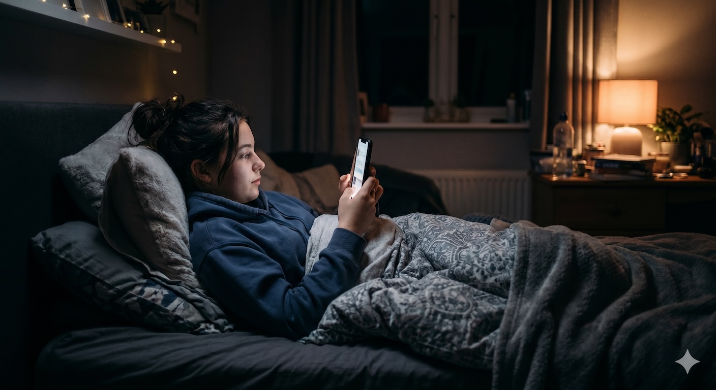 Teenager looking at phone screen at night