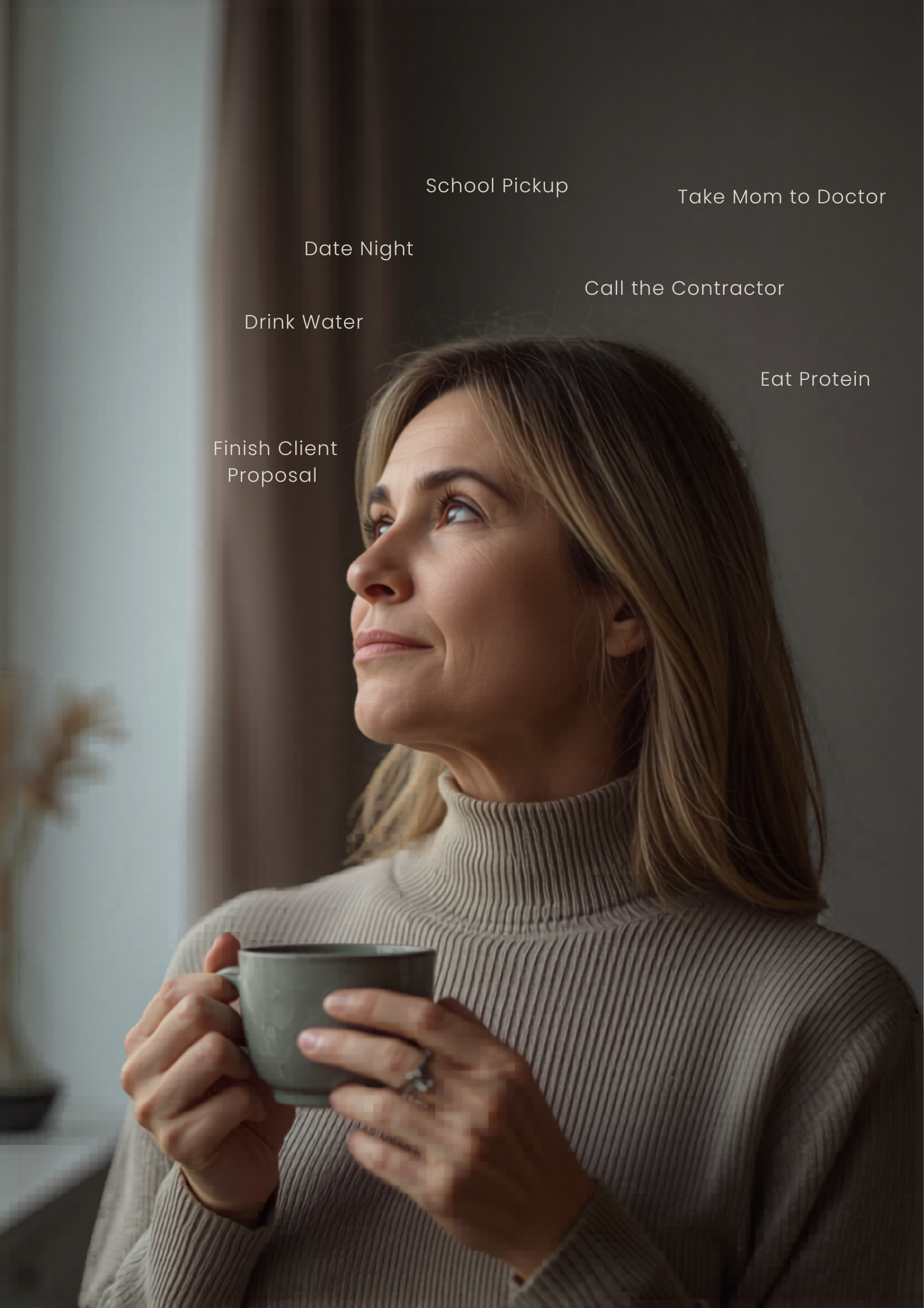 A woman holds a cup and gazes upward, surrounded by floating to-dos — the invisible mental load made visible